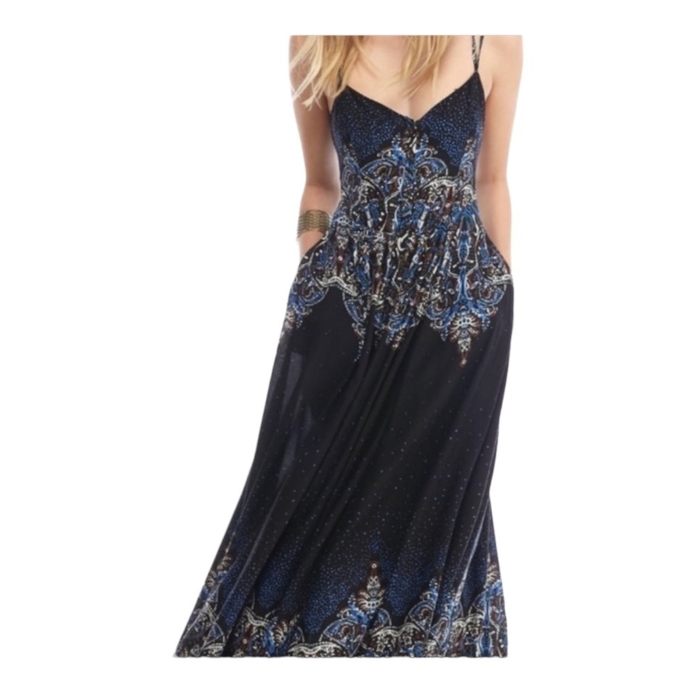 FREE PEOPLE Black Blue Boho Printed Sleeveless Button Front Maxi Dress Small - Picture 13 of 16